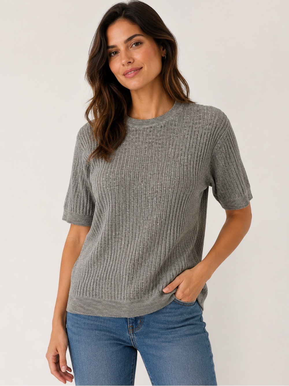 BACI Gray Silk Cotton Ribbed Knit Short Sleeve Sweater Top - Size L